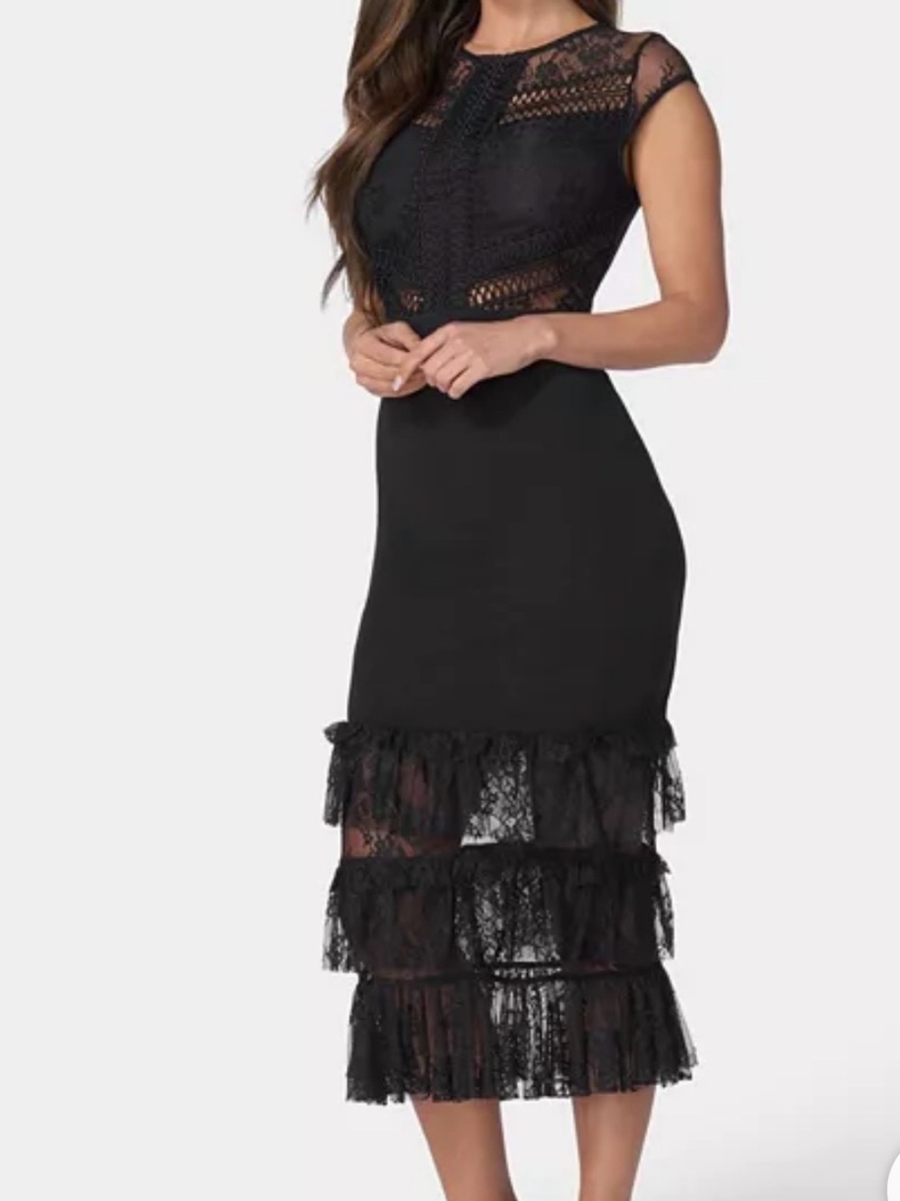 bebe Elegant Black Lace Tiered Midi Dress Large, New, - Picture 2 of 3